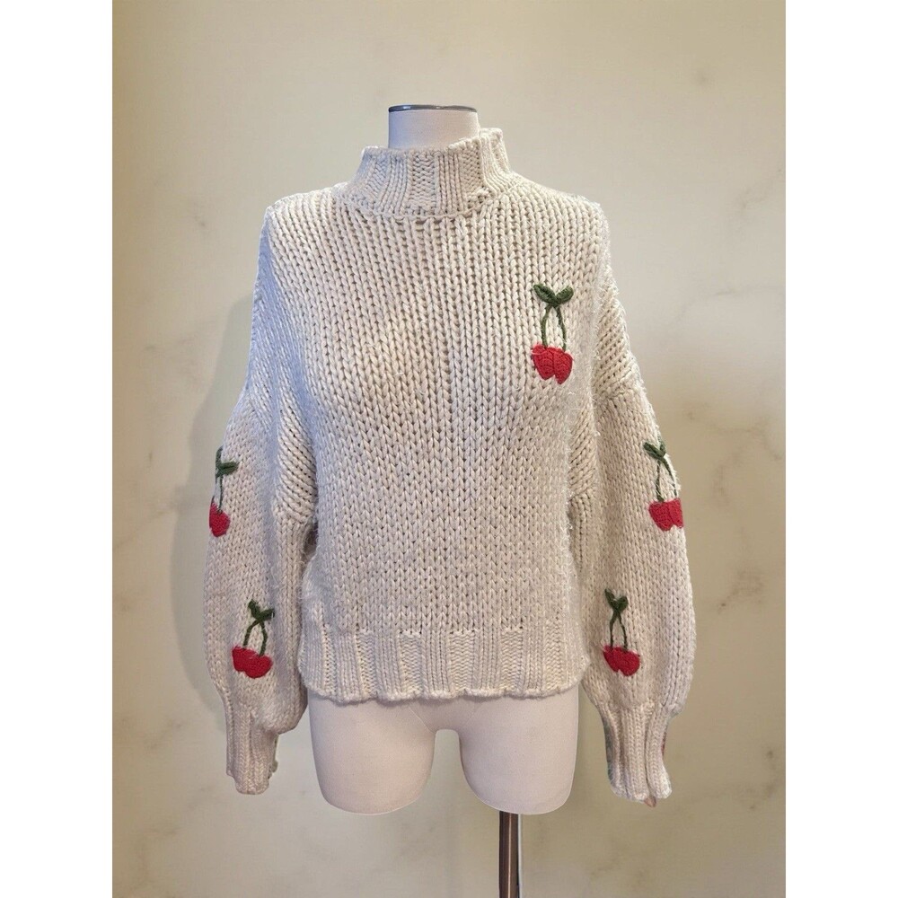 Forever 21 Cream Chunky Knit Cherry Embroidered Sweater